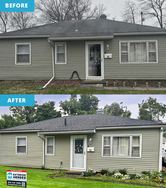 before and after of a roof replacement completed by exterior heroes