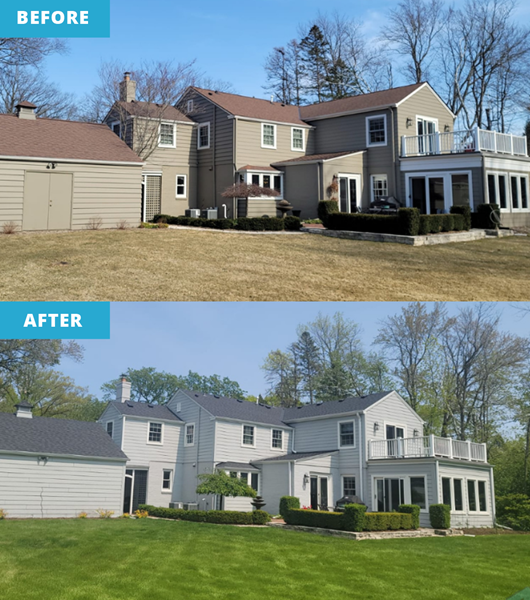 before and after of roof replacement completed by our roofers